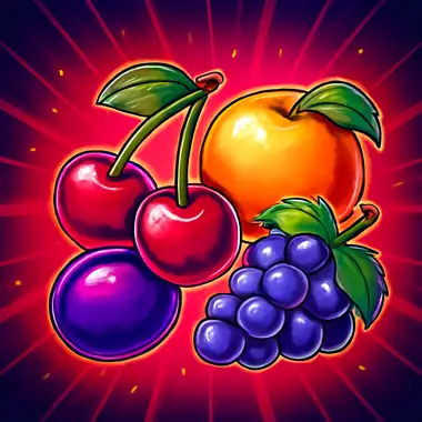 Glanzende kersen en fruit op een rode achtergrond bij Miss Cherry Fruits.