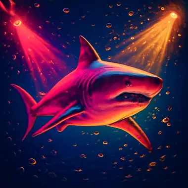 Haai zwemt onder water in diepblauw licht bij Shark Spin.